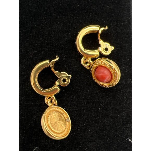 Gold-Tone Monet Hoop Earrings With Red Cabochon Dangles Vintage Style - Picture 5 of 7